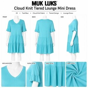 MUK LUKS Womens 2X Cloud Knit Tiered Lounge Mini Dress Teal Blue A645291